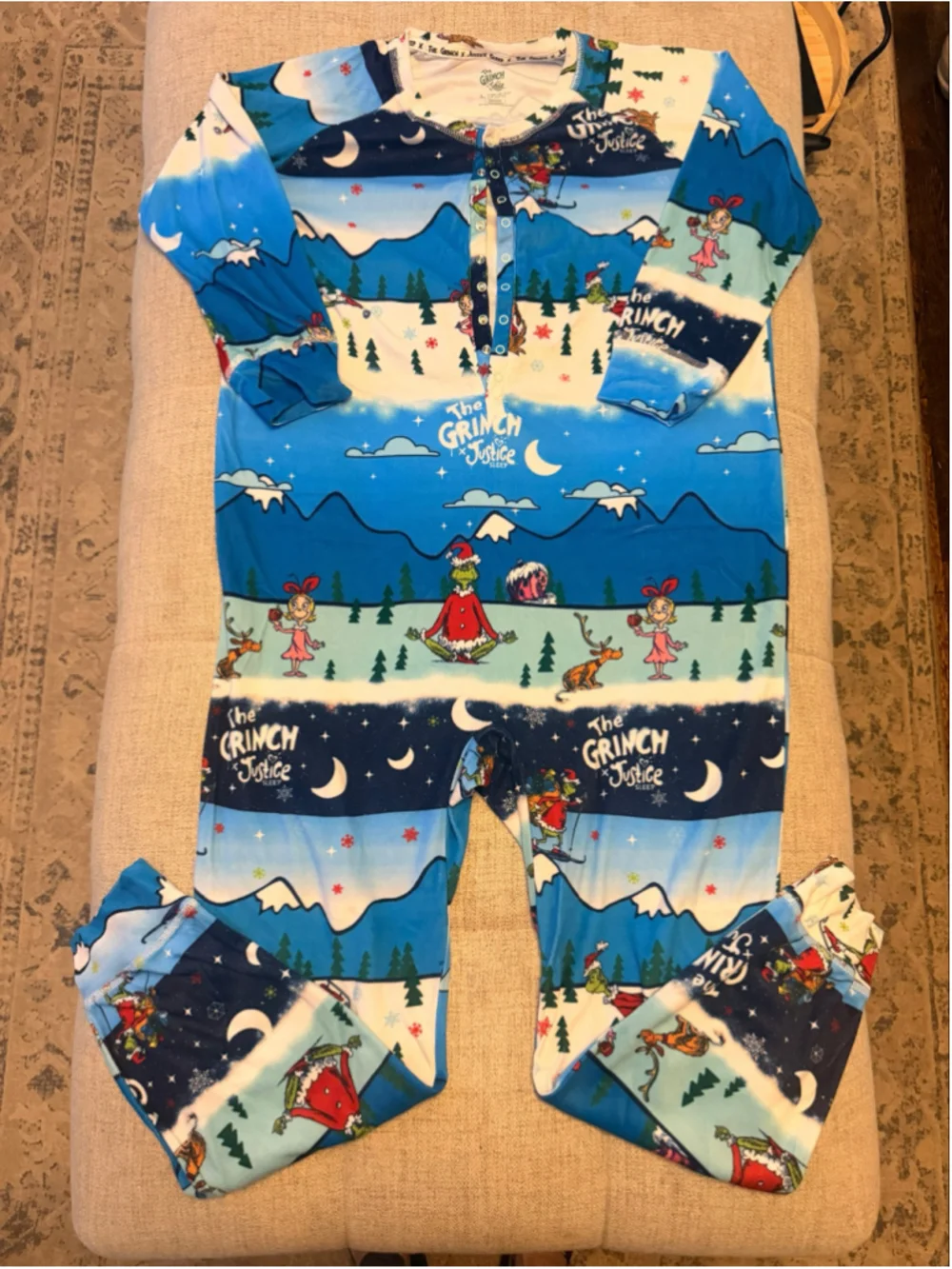 The Grinch x Justice Sleep Girls L 12-14 Blue Christmas One Piece Pajama Onesie